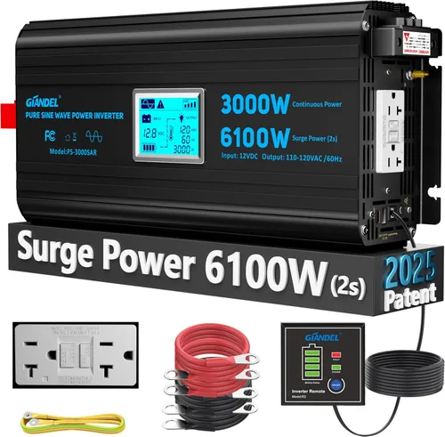 Miniatura 9 de Inversor de corriente de onda sinusoidal pura de 1200 vatios, 12V CC a 120V, batería de litio compatible con fusibles UL y USB-C PD30W y QC 3.0