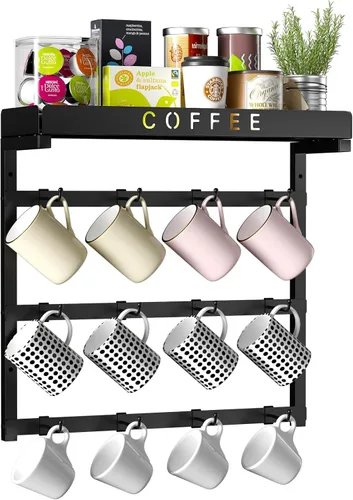 Miniatura 10 de RCHYFEED Soporte para taza de café para encimera, organizador de tazas de aleación de aluminio con 16 ganchos móviles, soporte de árbol de 2 niveles