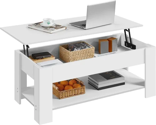 Miniatura 16 de Yaheetech Mesa de café de madera, mesa de centro con estante de almacenamiento oculto grande, mesa de comedor con superficie elevada para sala