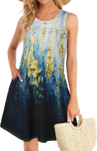Vestidos veraniegos para mujer, para la playa, bohemios, sin mangas, estilo vintage, florales, holgados, tipo camiseta sin mangas, con bolsillos
