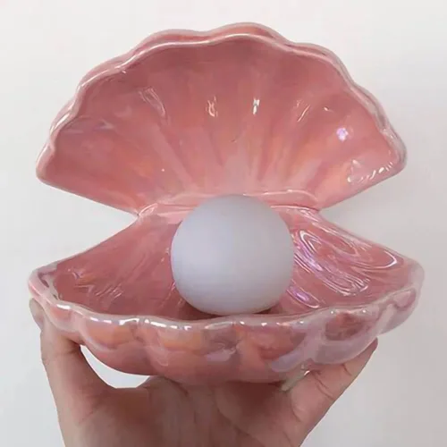 Miniatura 7 de Koolouispoper Ins Lámpara de noche de concha de cerámica de estilo japonés con perlas de sirena para decoración del hogar, regalo de Navidad (rosa)