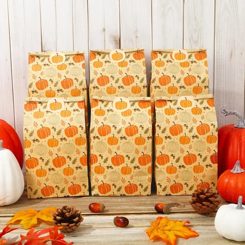 Miniatura 4 de Whaline 36 bolsas de regalo de fiesta de otoño, hojas de calabaza, bolsas de regalo de papel kraft con etiquetas, calcomanías de agradecimiento
