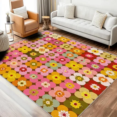 Miniatura 15 de Purple Flower Rugs for Living Room 7x8, Retro Floral Bedroom Carpet, Vintage 70s Bohemian Pattern Design Area Rug, Washable Non Slip Soft Area