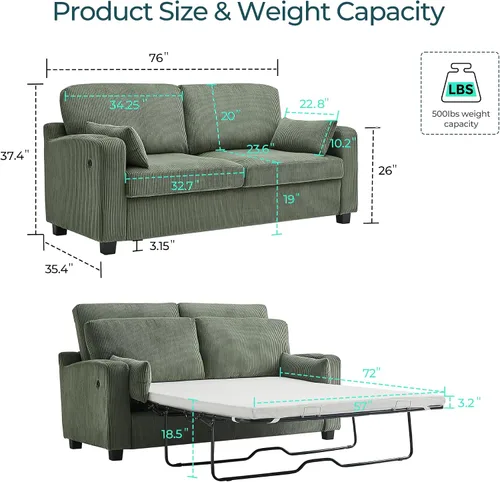 Miniatura 2 de LINSY HOME Sofá cama convertible con sofá cama extraíble, marco de cama mejorado, carga USB y portavasos, sofá cama de pana para sala de estar