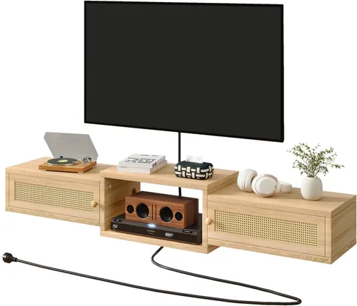 Miniatura 10 de IBUYKE Soporte flotante moderno de ratán para TV con puertas, estante de TV montado en la pared para televisores de hasta 55 pulgadas, consola