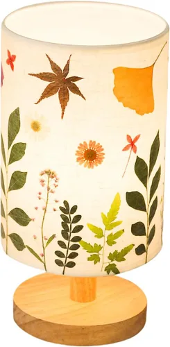 Lámpara de mesa con flores prensadas, 5 W, LED, 3 temperaturas, flores secas, lámpara de noche, pantalla de lino con base de madera, para