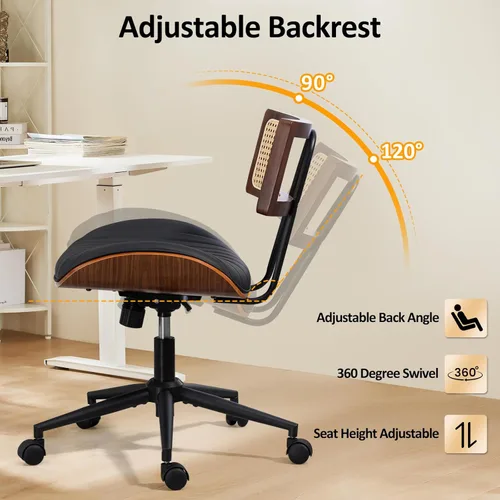 Miniatura 4 de Silla de oficina para el hogar Newnno con ruedas, silla de escritorio de altura ajustable con respaldo de ratán, silla de ordenador giratoria
