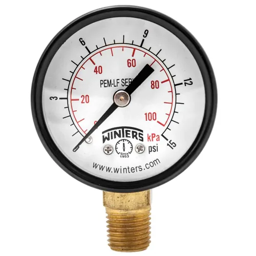Miniatura 3 de Winters - Medidor de presión en seco de utilidad económica, interior de latón potable, caja de acero, escala doble 0-160 psi/kPa, 3-2-3%