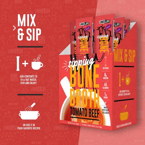 Miniatura 5 de LonoLife Palitos de caldo de hueso de res con sabor a tomate: 0.35 oz de proteína, apto para dieta cetogénica, 10 porciones portátiles