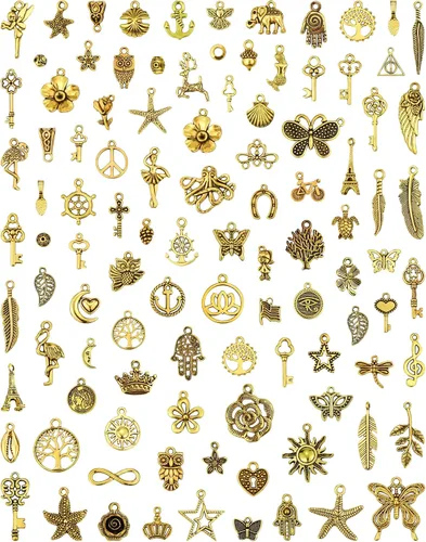 JIALEEY 100 piezas al por mayor de lotes a granel de oro mezclados tibetanos antiguos colgantes de oro DIY para pulseras, collares, joyería