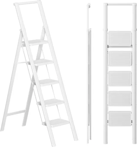 SOLADDER Escalera de 5 escalones, taburete plegable, escalera de hierro plegable blanca para techo de 10 pies de alto con pedal ancho antideslizante