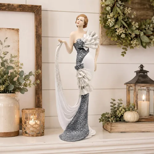 Miniatura 9 de Comfy Hour Figura de dama victoriana de 13 pulgadas, elegante estatua de mujer en vestido blanco y plateado, estilo art déco de los años 20, acento