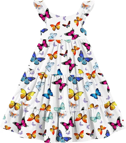 Miniatura 11 de Vieille Vestido de verano para niñas pequeñas, con volantes, sin mangas, casual, vestido de playa, escalonado, vestido de princesa para 2-8 años