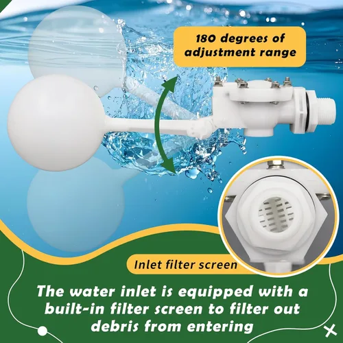 Miniatura 4 de Válvula flotante desmontable de 3/4, válvula de flotador de agua de plástico blanco con brazo ajustable para control de nivel de agua para estanque