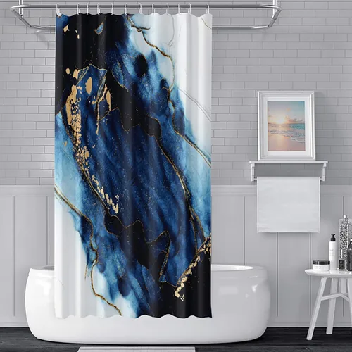 Miniatura 24 de Cortina de ducha de mármol blanco y negro de 36 x 72 pulgadas, tinta de pintura abstracta, textura de arte líquido, líneas agrietadas doradas