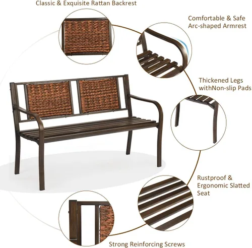 Miniatura 5 de S AFSTAR Banco de jardín al aire libre, asiento de metal para porche con asiento y respaldo decorativo, sofá biplaza para 2 personas para patio
