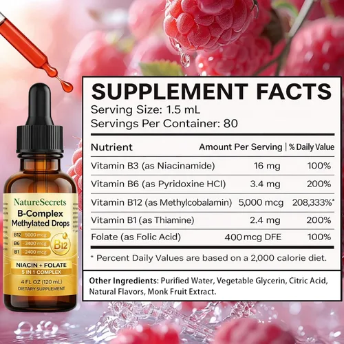 Miniatura 2 de NATURESECRETS B-Complex - Gotas metiladas, con B12 B6 B1, absorción sublingual, vitaminas B esenciales para energía y apoyo del sistema nervioso