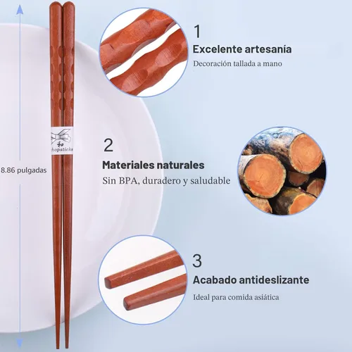 Miniatura 3 de GLAMFIELDS Palillos Reutilizables de Madera Natural Japonesa 5 Pares Estilo Clásico Ligeros Tallados a Mano Seguros Palillos 8.8 Pulgadas/22.5cm