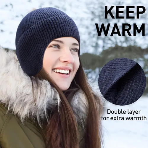 Miniatura 2 de Arcweg Gorro de punto de invierno para hombres y mujeres, gorro de punto cálido con orejera, elástico, resistente al viento, gorro de calavera
