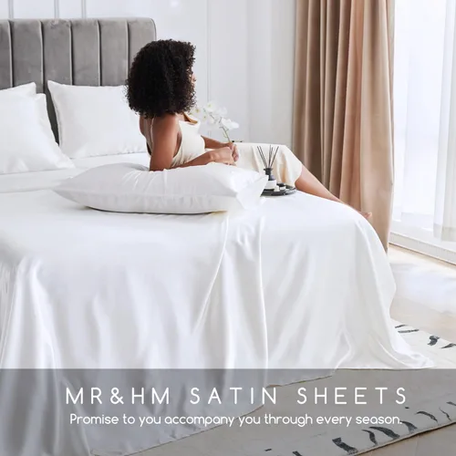 Miniatura 6 de MR&HM Sábanas de satén para cama de tamaño King, juego de 4 piezas de ropa de cama sedosa con bolsillo profundo de 15 pulgadas para colchón