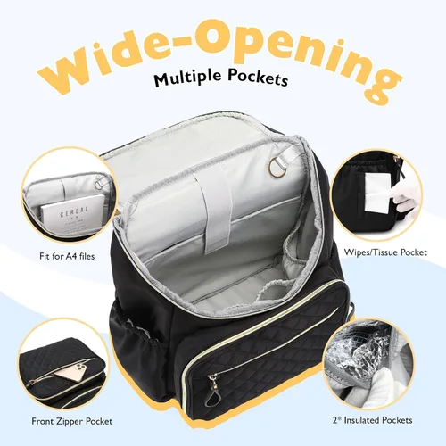 Miniatura 4 de LORADI Mochila ligera para pañales con clips para cochecito, bolsillos aislados, artículos esenciales para baby shower, color negro