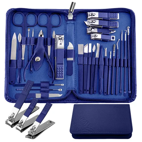Miniatura 7 de WOAMA - Juego profesional de manicura con 30 piezas de acero inoxidable de color plata en estuche negro Plateado