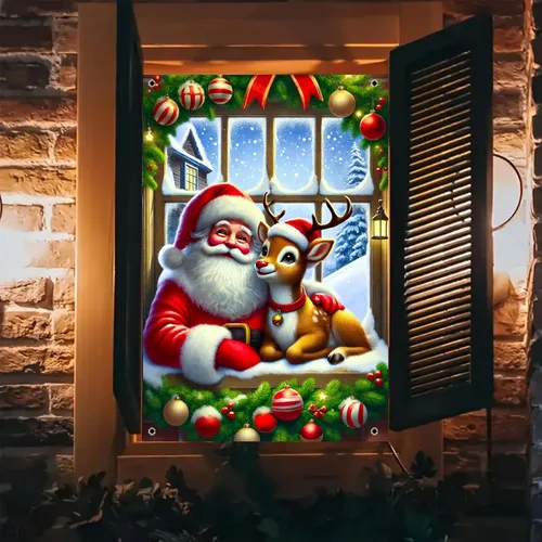 Miniatura 8 de BlissYard Cubierta de ventana de Navidad de 31 x 47 pulgadas, Papá Noel y reno, escena de nieve de invierno, decoración de vacaciones, fondo festivo