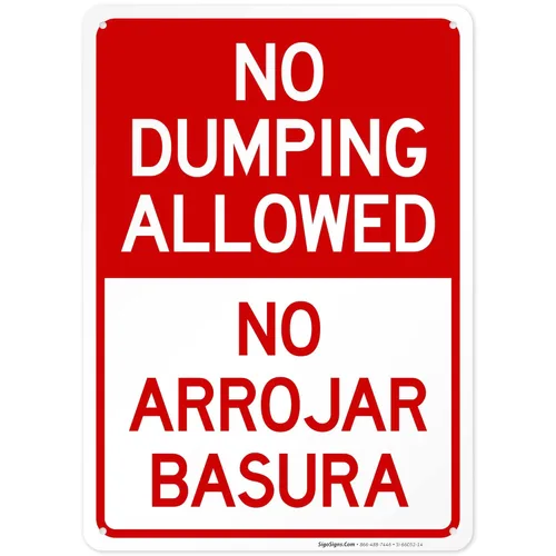 Letrero bilingüe de "No Dumping Allowed No Arrojar Basura, 10 x 14 pulgadas, libre de óxido, aluminio 040, resistente a la decoloración, fabricado