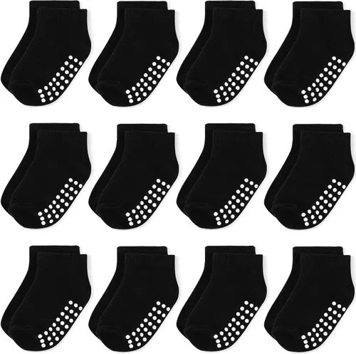 Miniatura 15 de JAKIDAR 12 pares de calcetines antideslizantes de algodón para niños y niñas, suela antideslizante para bebés y niños