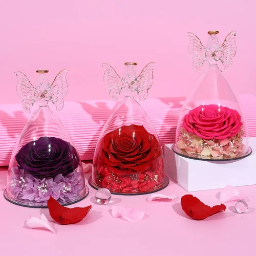Miniatura 8 de Regalo de rosa para el día de la madre, rosa real preservada en figura de ángel de cristal grande, regalos de rosas para mujeres, regalo de flores
