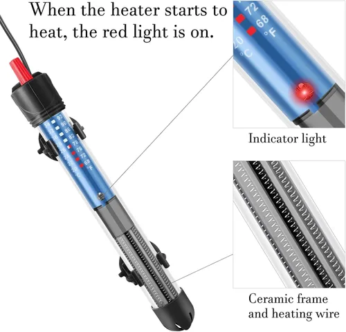 Miniatura 4 de FEDOUR Calentador sumergible de acuario de 50 W, 100 W, 300 W, calentador de agua de vidrio ajustable para tanque de peces y tortugas de 5 a 70