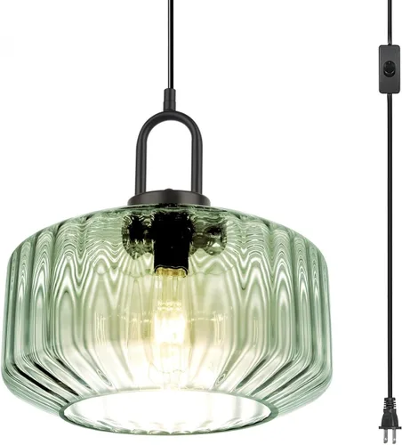 Miniatura 14 de Lámpara colgante de globo de vidrio enchufable, lámpara colgante moderna de mediados de siglo con cable de 14.7 pies, pantalla de vidrio a rayas