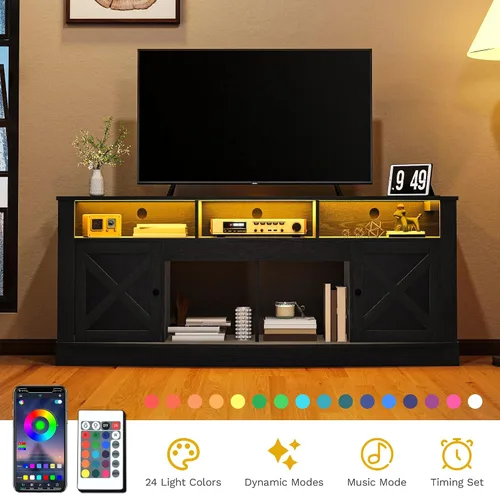 Miniatura 5 de DWVO Soporte de TV para televisor de 75/80 pulgadas, centro de entretenimiento, consola de medios con luz LED, gabinete de TV con puertas de granero