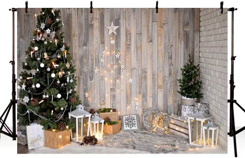 MEHOFOND Árbol de Navidad de invierno de 8 x 6 pies, fondos de pared de madera marrón rústica, estrellas, regalos, corona, fotografía, fondo, feliz