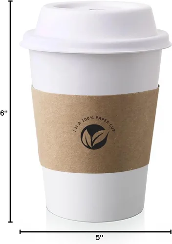 Miniatura 8 de KTOB [paquete de 50] Tazas de café compostables de 12 onzas con tapas y mangas kraft, combo de tazas de papel blanco desechables ecológicas