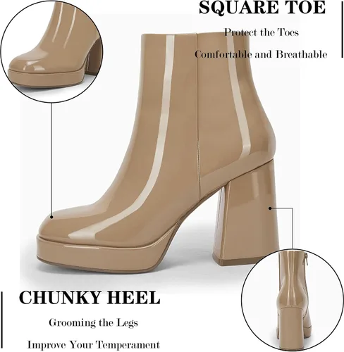 Miniatura 5 de Rilista Botas de plataforma para mujer, tacones altos y gruesos, botines de tobillo con punta cuadrada y cremallera lateral