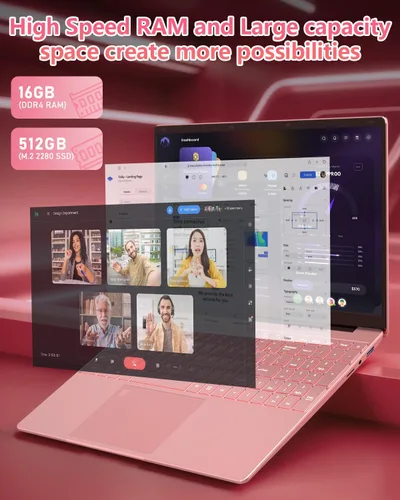 Miniatura 2 de Laptop Estudiantil FHD de 15.6" Rosa, 16GB DDR4 RAM 512GB PCIe SSD, Computadora Portátil con Teclado Retroiluminado, Apertura de 180°, Lector