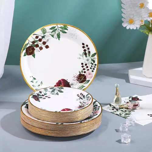Miniatura 3 de 200 platos de papel floral y servilletas para fiestas, decoraciones de despedida de soltera sirven 50, borgoña para bodas, cumpleaños, día de San