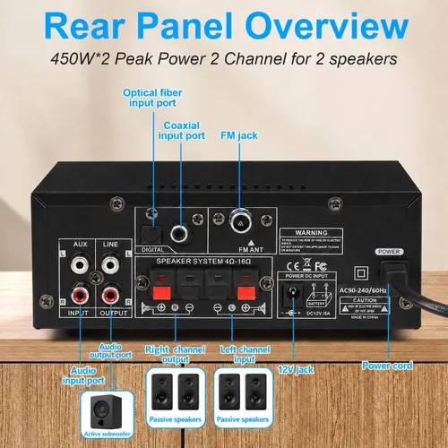 Miniatura 3 de Romica Amplificador de audio estéreo, 2 canales 450W+450W Bluetooth 5.0 amplificador de potencia de cine en casa con radio FM, USB, SD, entradas
