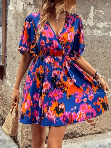 Miniatura 3 de OYOANGLE Vestido acampanado acampanado con cuello en V y manga corta de mariposa para mujer