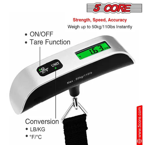 Miniatura 5 de 5 Core LSS-004 - Báscula digital para equipaje, pantalla LCD con retroiluminación y escala de equipaje con capacidad de 110 libras, báscula colgante