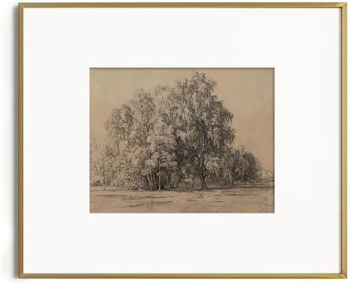 Miniatura 7 de Póster con estampado de árboles del bosque, color beige, dibujo de paisaje, grabado rústico, gris, arte de pared apagado, boceto gris neutro