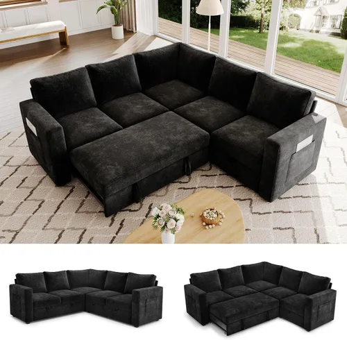 Miniatura 20 de Sofá Seccional Modular de 85 Pulgadas con Cama Extraíble, Sofá Cama Seccional en Forma de L de 5 Asientos con Almacenamiento, Sofás Seccionales