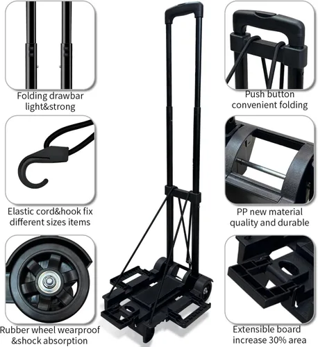 Miniatura 2 de Carro de mano plegable, carrito de equipaje de plataforma portátil, carrito plegable con 2 ruedas y 2 cuerdas, chasis grande expandible portátil