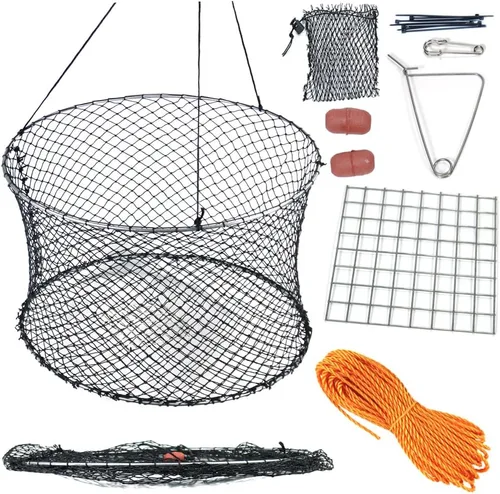 Miniatura 7 de Drasry Trampa de anillo para cangrejos, kit de dos anillos con arnés y clip para cebo, red de pesca de cangrejos para kayak, muelle y plataforma
