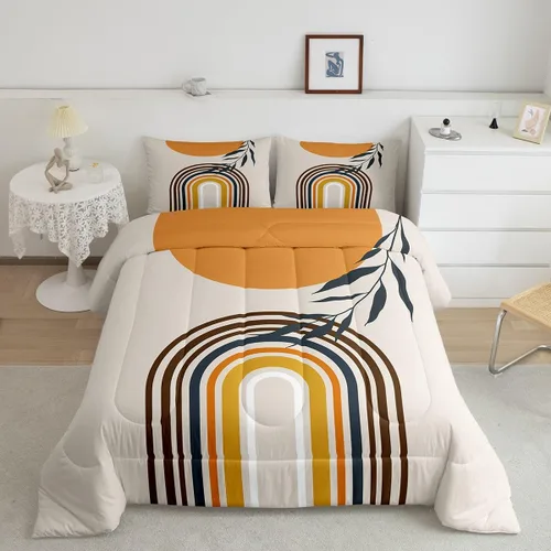 Miniatura 12 de Juego de ropa de cama tamaño King con diseño de hojas bohemias para niñas, niños, adolescentes y mujeres, abstracto, exótico, geométrico, moderno