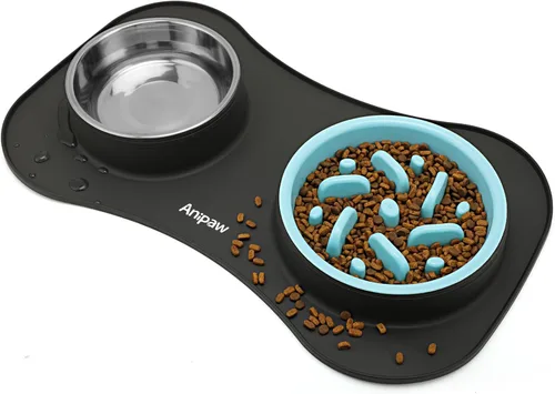 Miniatura 11 de Anipaw Cuencos de alimentación lenta para perros 3 en 1 de acero inoxidable para alimentos y agua con alfombrilla de silicona antideslizante