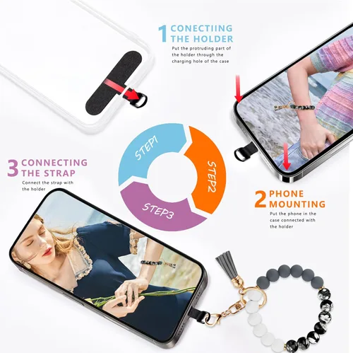 Miniatura 7 de Correa de muñeca de teléfono con cuentas de silicona, pulsera para teléfono con lengüeta de sujeción, pulsera manos libres para iPhone (negro)