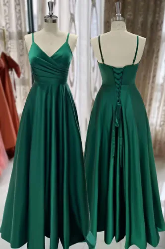Miniatura 6 de TIRAS Vestidos de fiesta con cuello en V para mujer, vestido largo de fiesta de satén fruncido, vestido de noche con bolsillos CM139