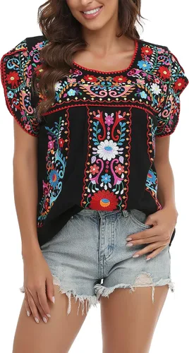 Miniatura 6 de YZXDORWJ Blusa de verano para mujer, estilo bohemio, estilo mexicano, con bordado, estilo bohemio
